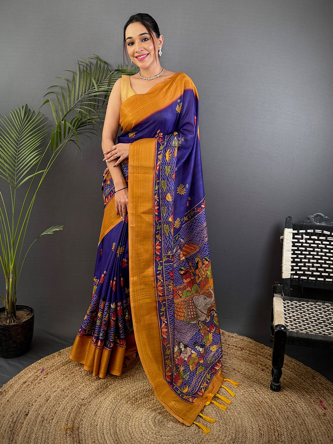 Purple Aari Pashmina Print Linen Saree