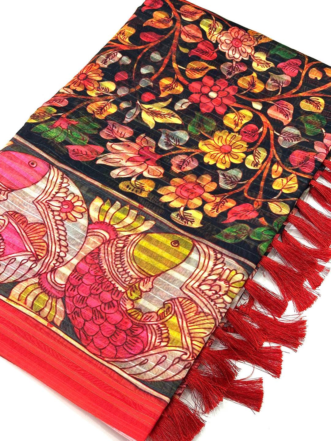 Folded Raven Black Pen Kalamkari Linen Saree with tassels