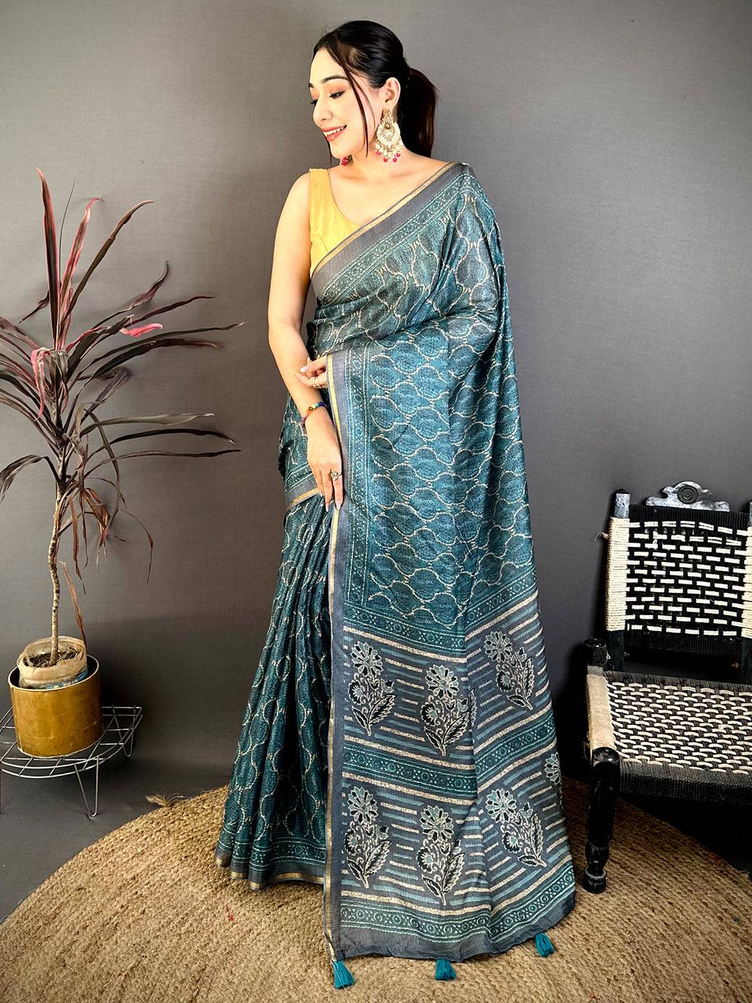 Teal Ajrakh Digital Print Kota Saree