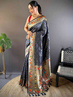Navy Silk Blend Woven Zari Work Paithani Saree

