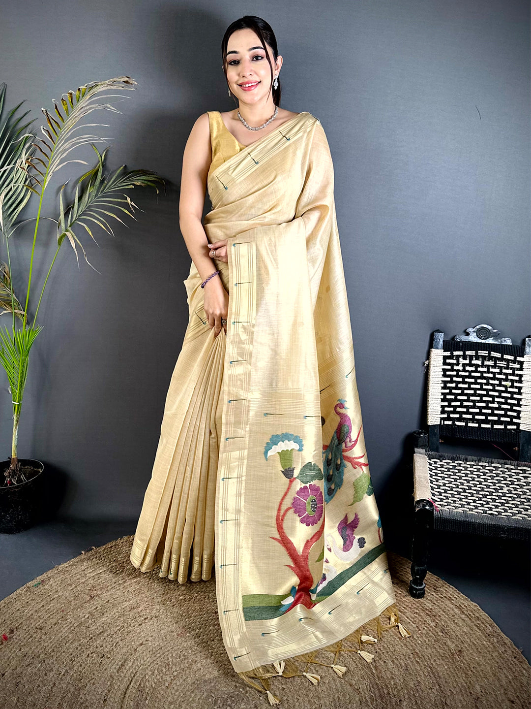 Off White Minakari Grace Khadi Linen Saree