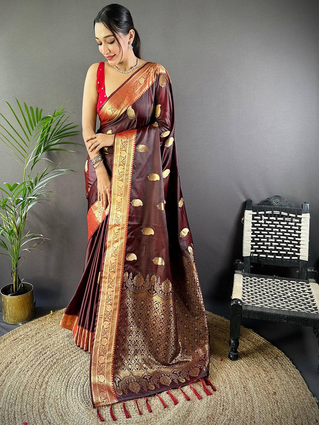 Brown Banarasi Soft Satin Masru Mango Silk Saree