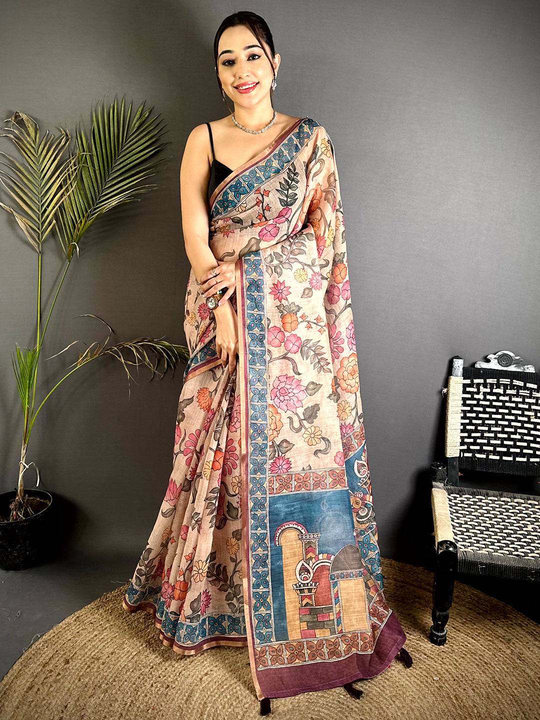 Opulent Floral Kalamkari Soft Linen Saree


