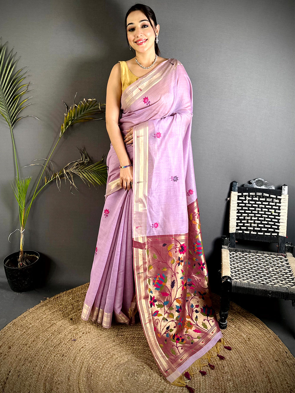 Artisan Minakari Butti Khadi Linen Saree