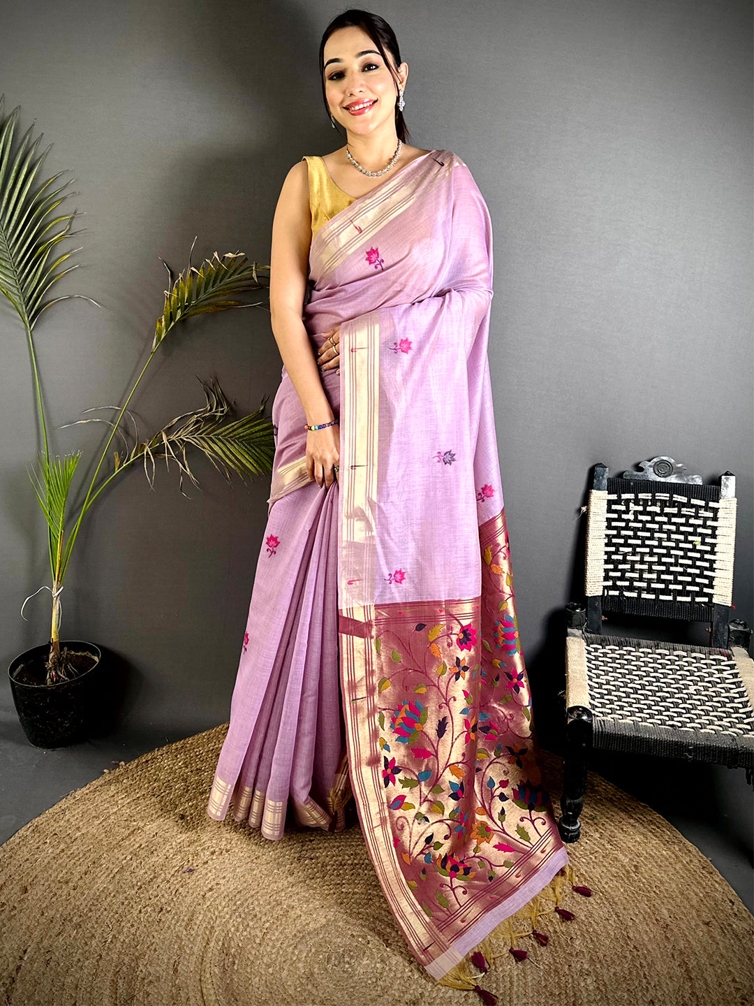 Artisan Minakari Butti Khadi Linen Saree