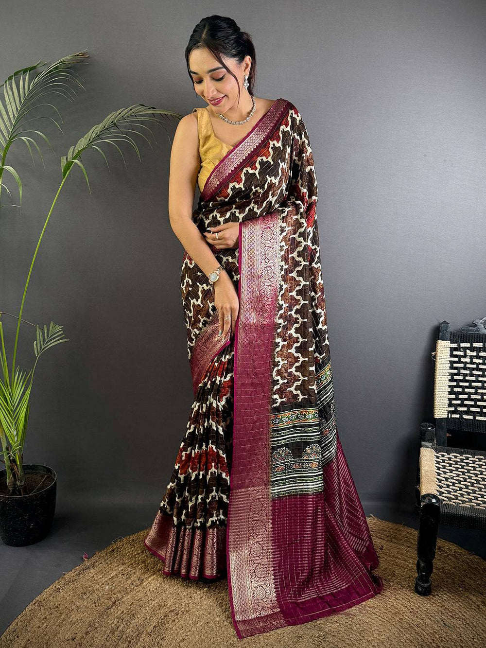 Chocolate Brown Ajrak Print Viscose Saree