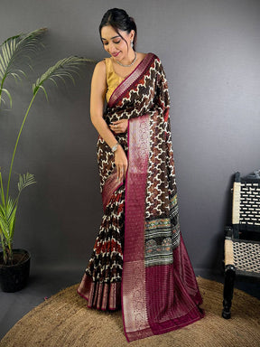Chocolate Brown Ajrak Print Viscose Saree
