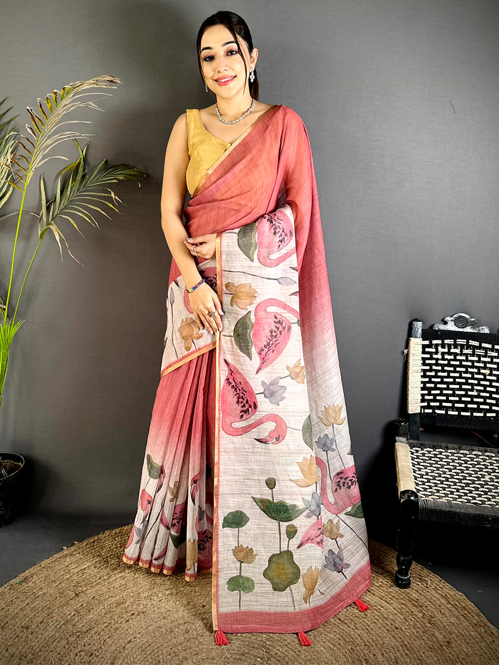 Pink Swan Gold Zari Linen Saree