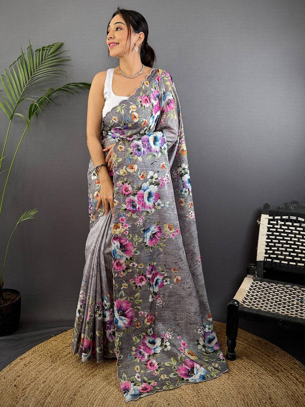 Charcoal Grey Floral Cut Work Kota Saree