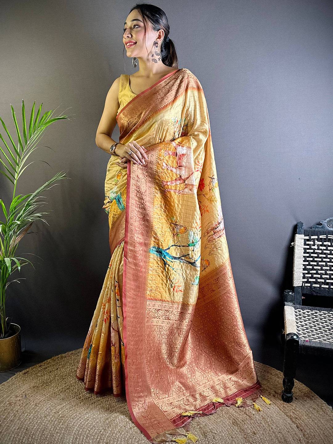 Yellow Chex Radiance Banarasi Silk Saree

