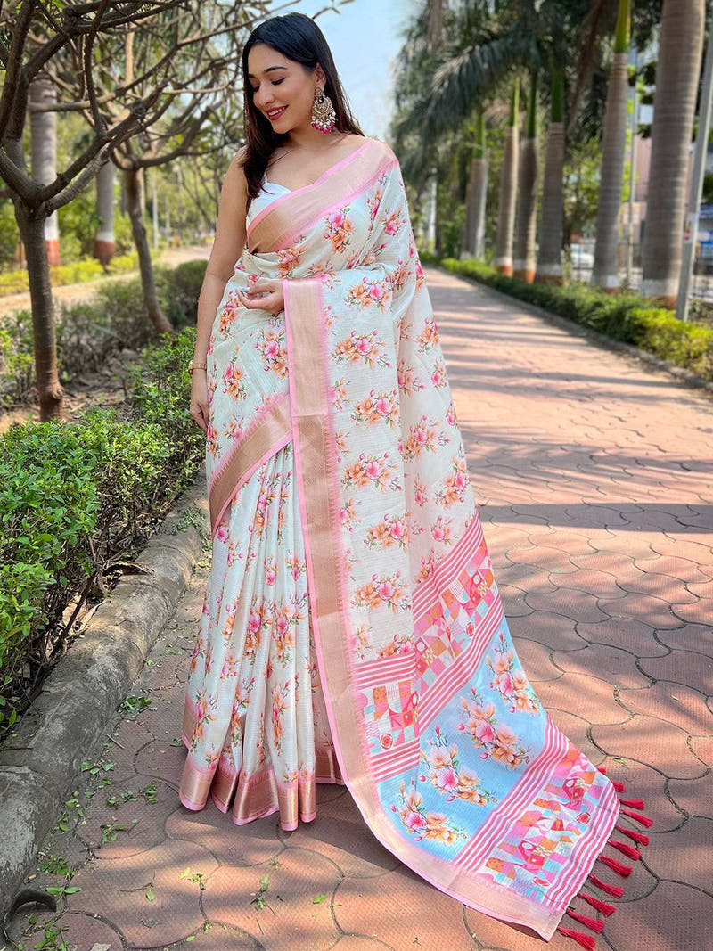 Light Peach Kota Saree with Digital Floral Print