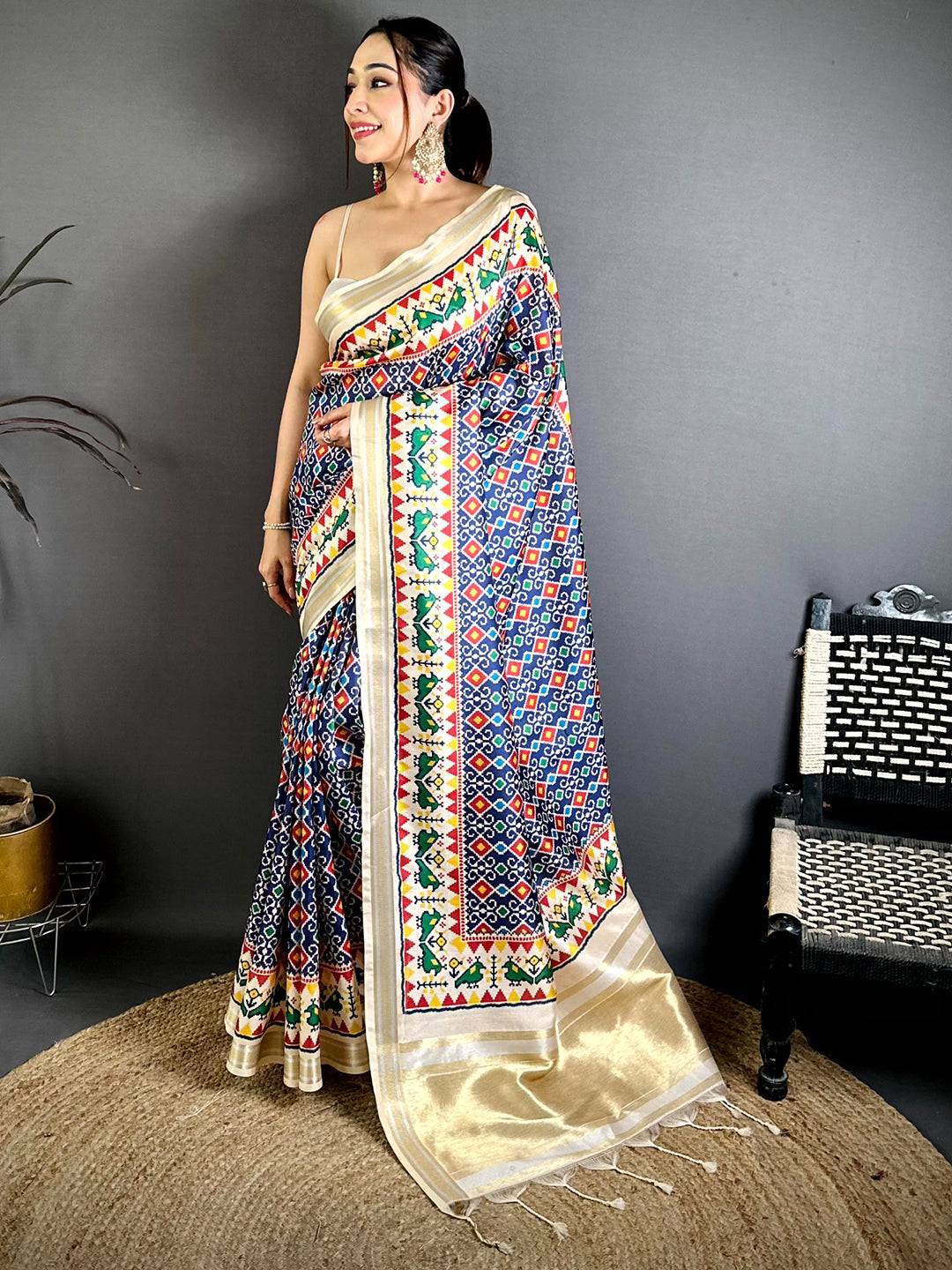 Navy Soft Kanchi Silk Patola Weave Saree