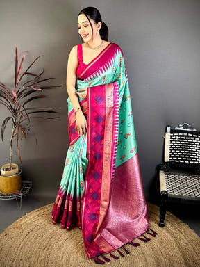 Sea Green Contrast Satin Ikat Zari Silk Saree