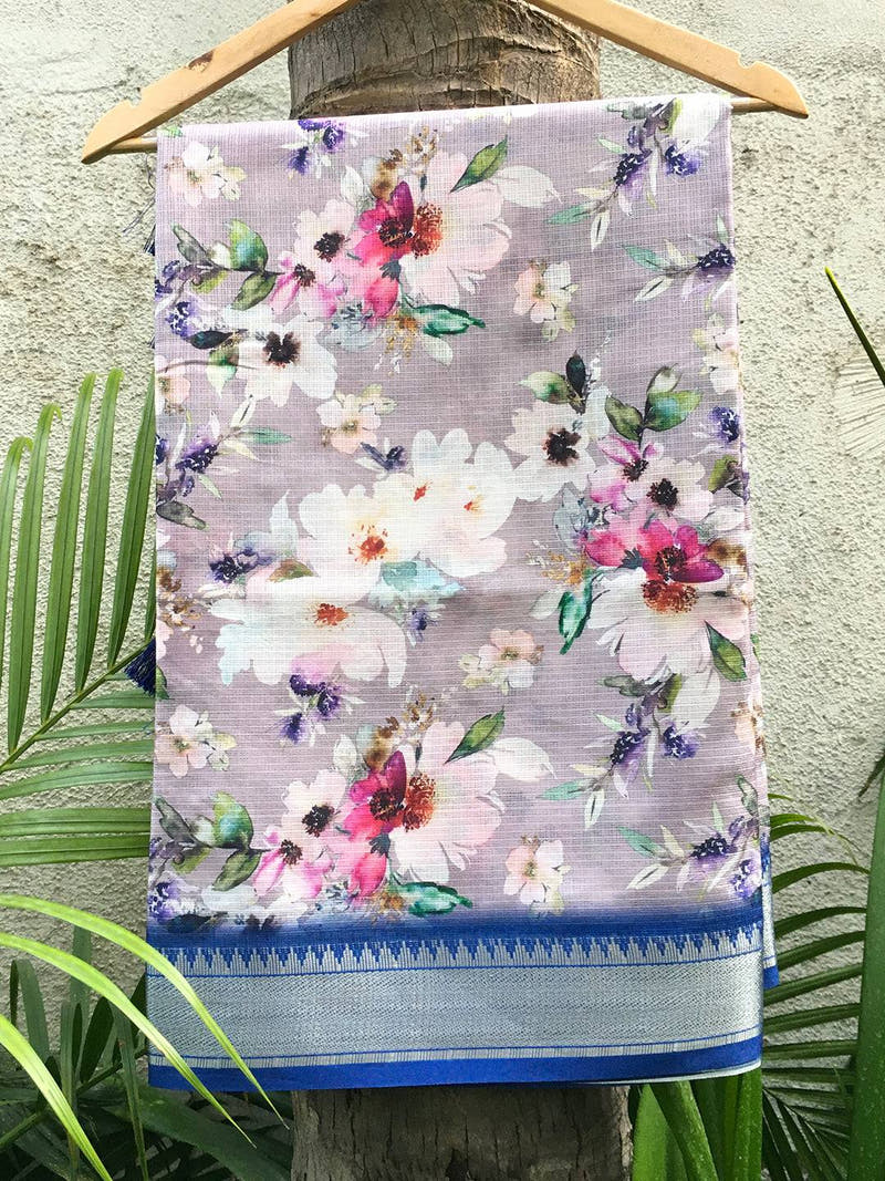 Grey Kota Flower Digital Print Saree with floral design