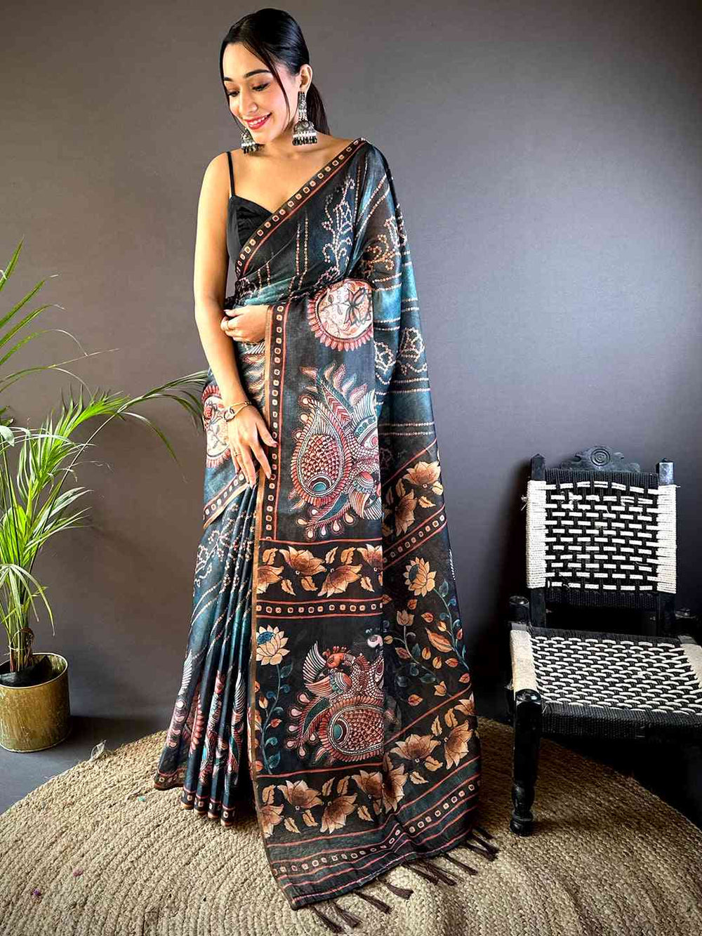 Blue Chanderi Bandhej Digital Print Saree