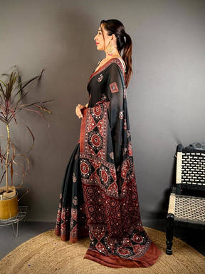 Vibrant Ajrakh Print Mirror Work Saree
