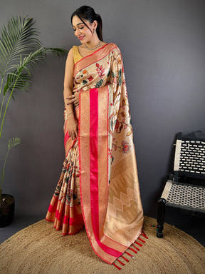 Cream Soft Silk Gadwal Kalamkari Saree