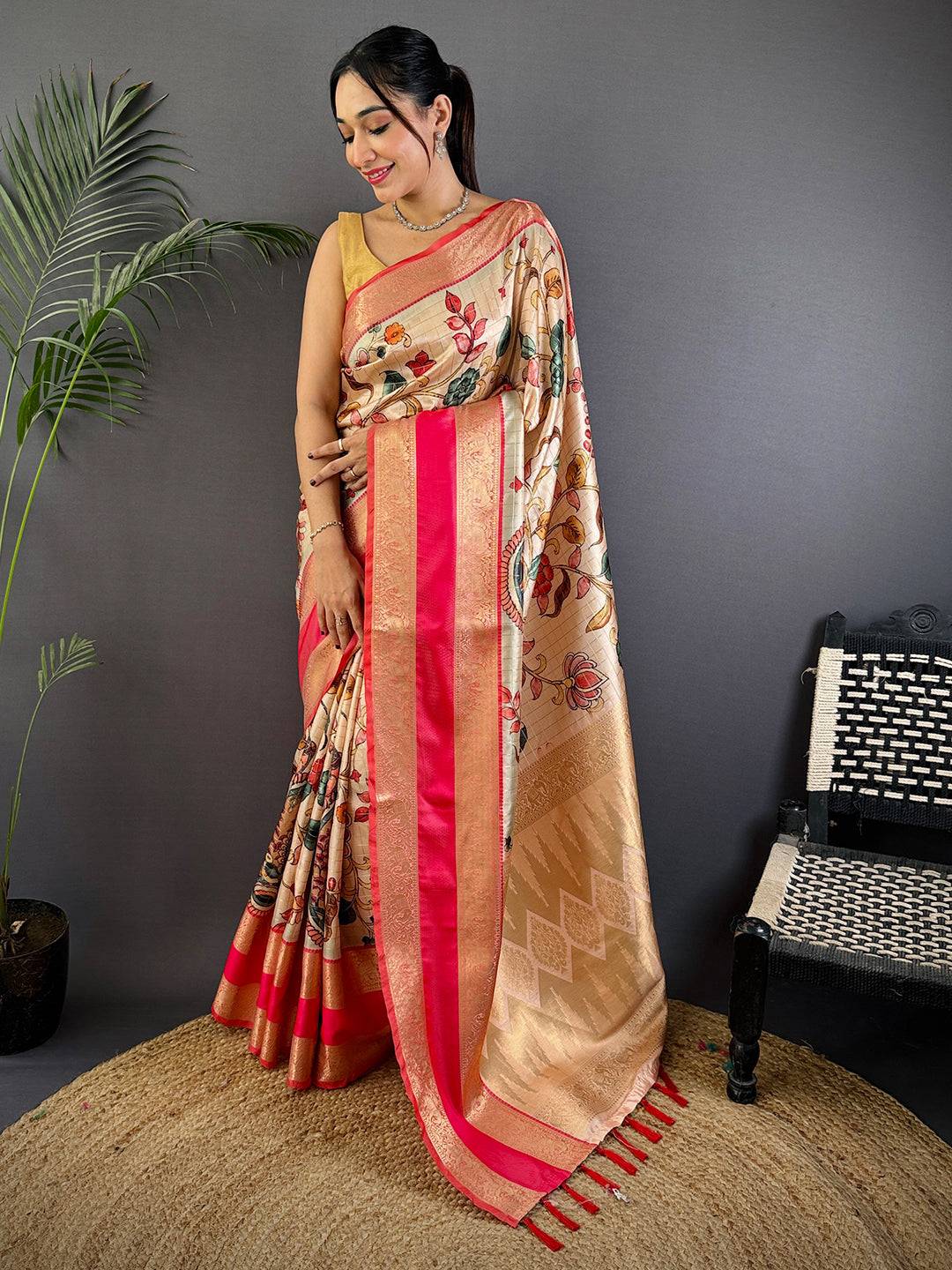 Cream Soft Silk Gadwal Kalamkari Saree