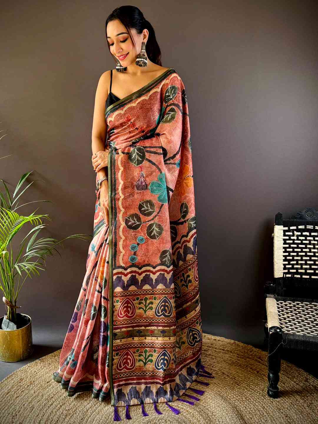 Rust Brown Folklore Tissue Chanderi Saree