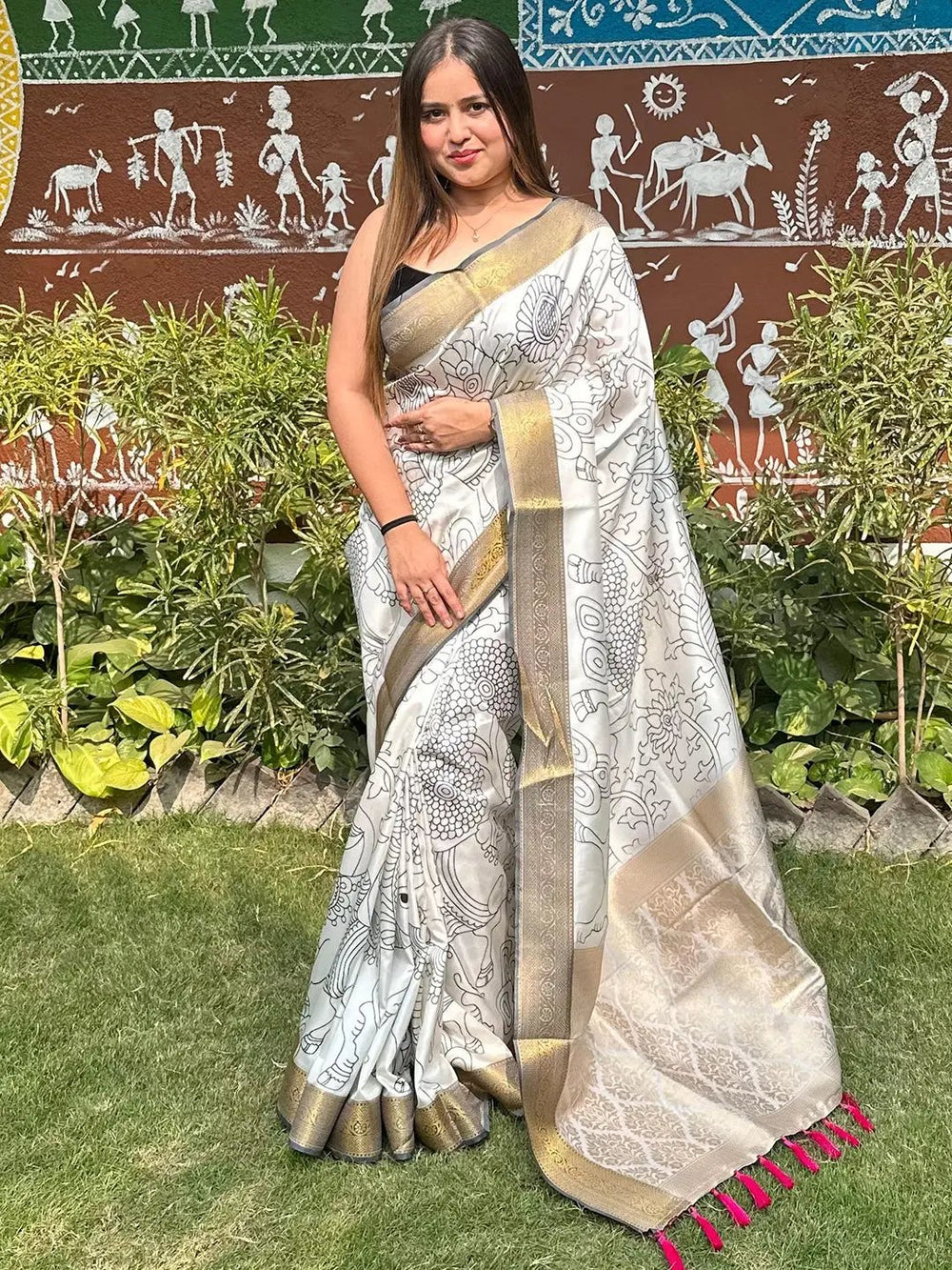 Stylish Kalamkari saree with detailed block print patterns
