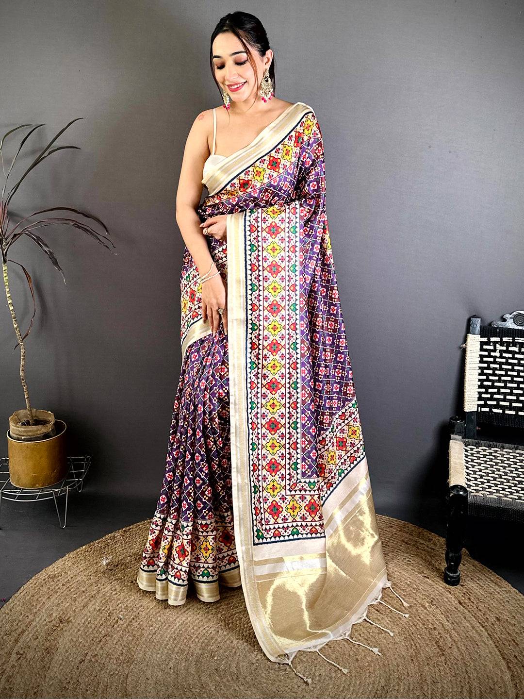 Purple Ethnic Digital Ikkat Kanchi Saree