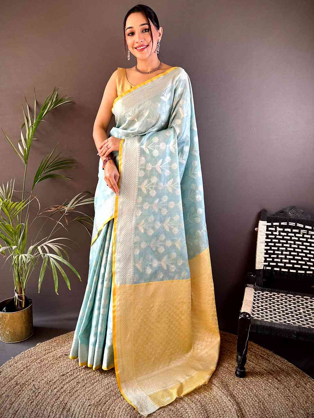 Sky Blue Kota Kora Zari Floral Weave Saree