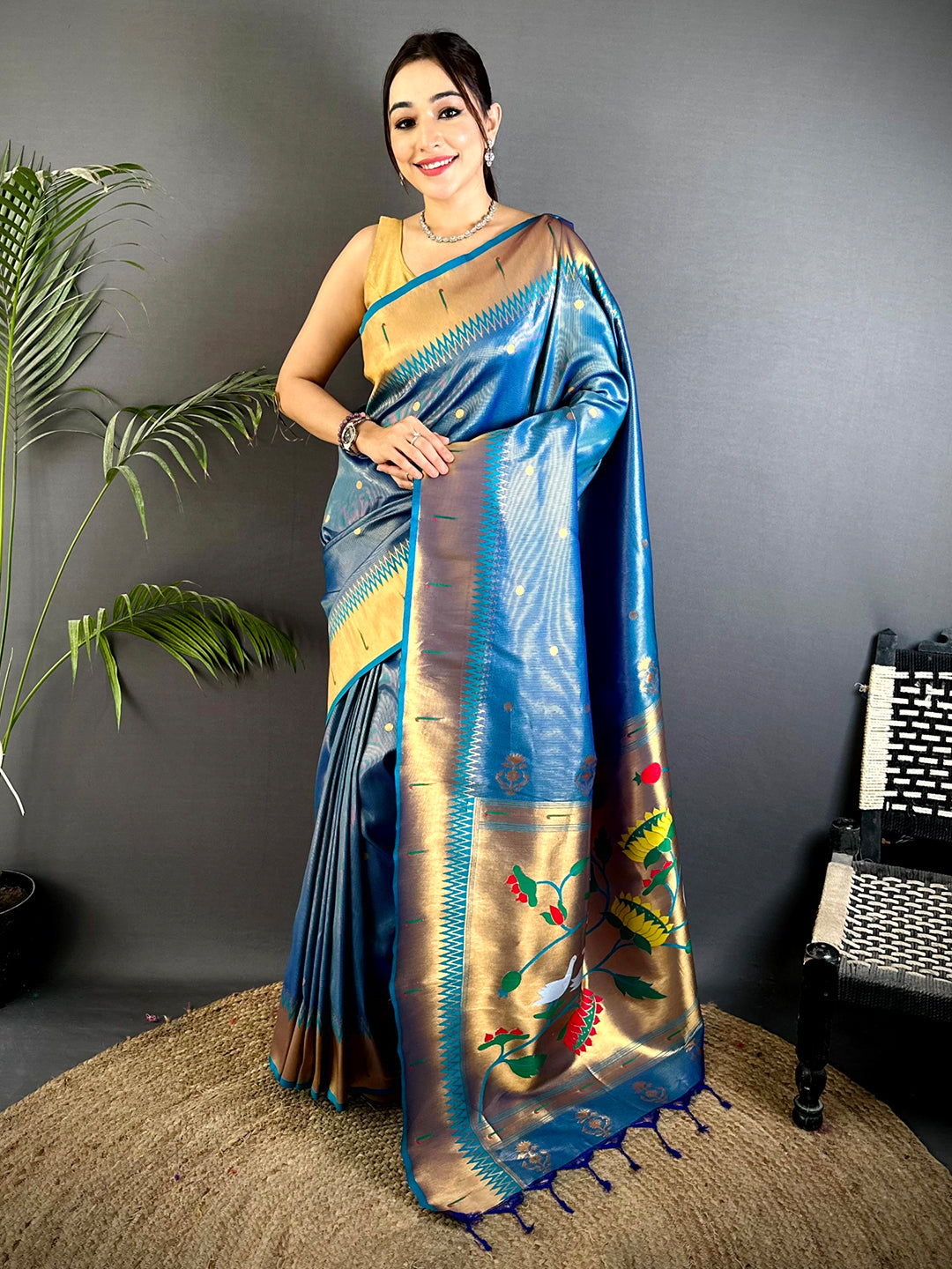 Golden Grace Zari Tissue Paithani Saree With Maggam Blouse