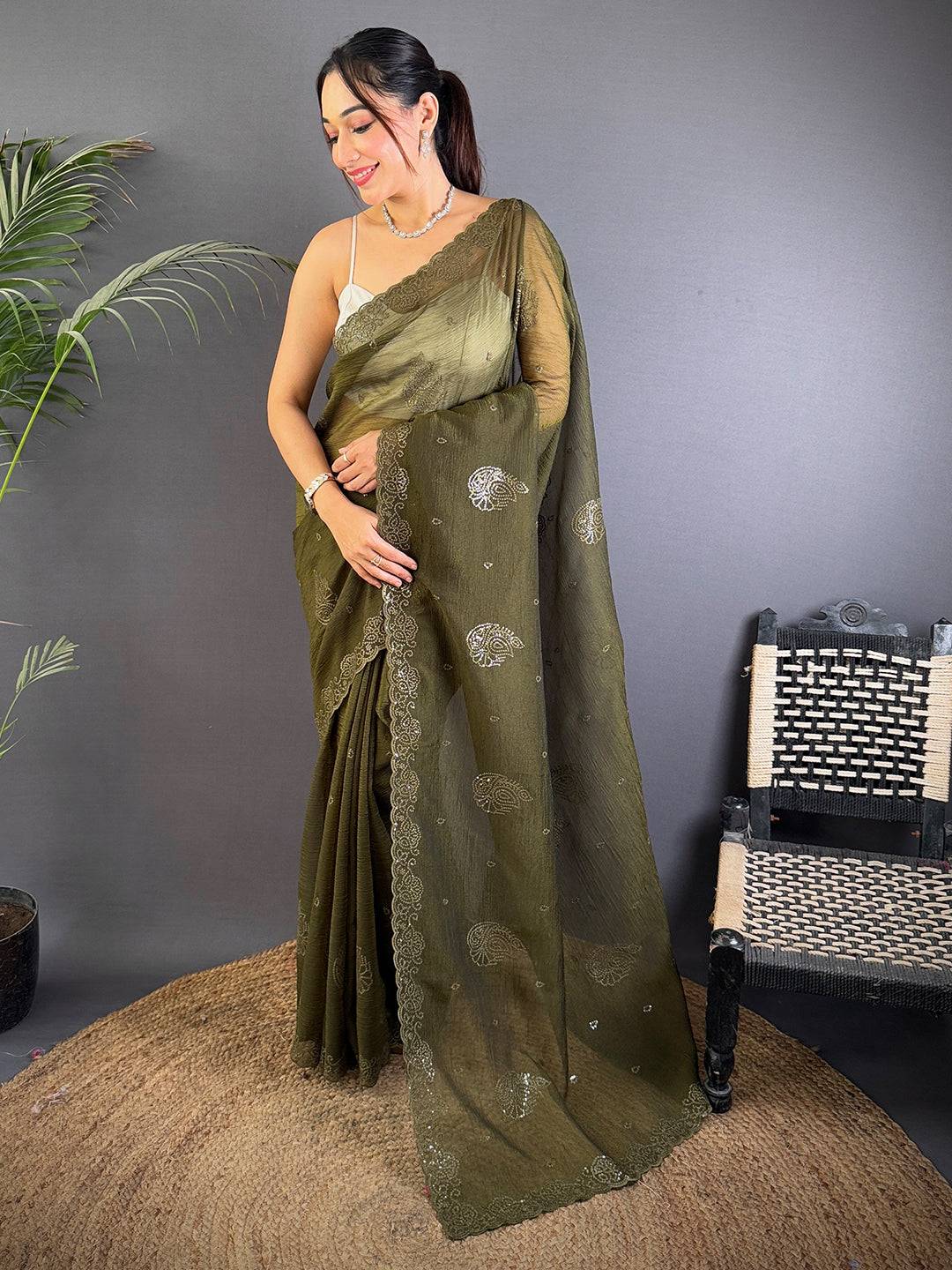 Green Art Silk Sith Embroidery Work Saree