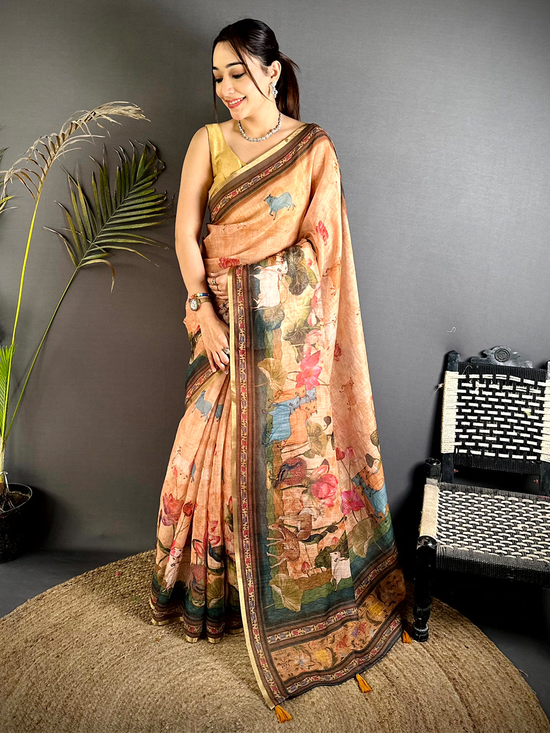 Warm Peach Pichwai Kalamkari Linen Saree