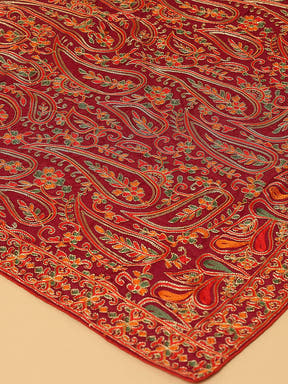 Close-up of red embroidered poly chiffon pashmina dupatta