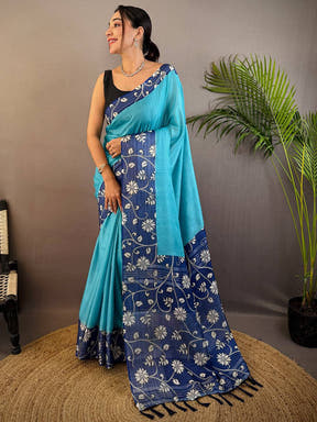 Sky Blue Linen Kalamkari Print Saree