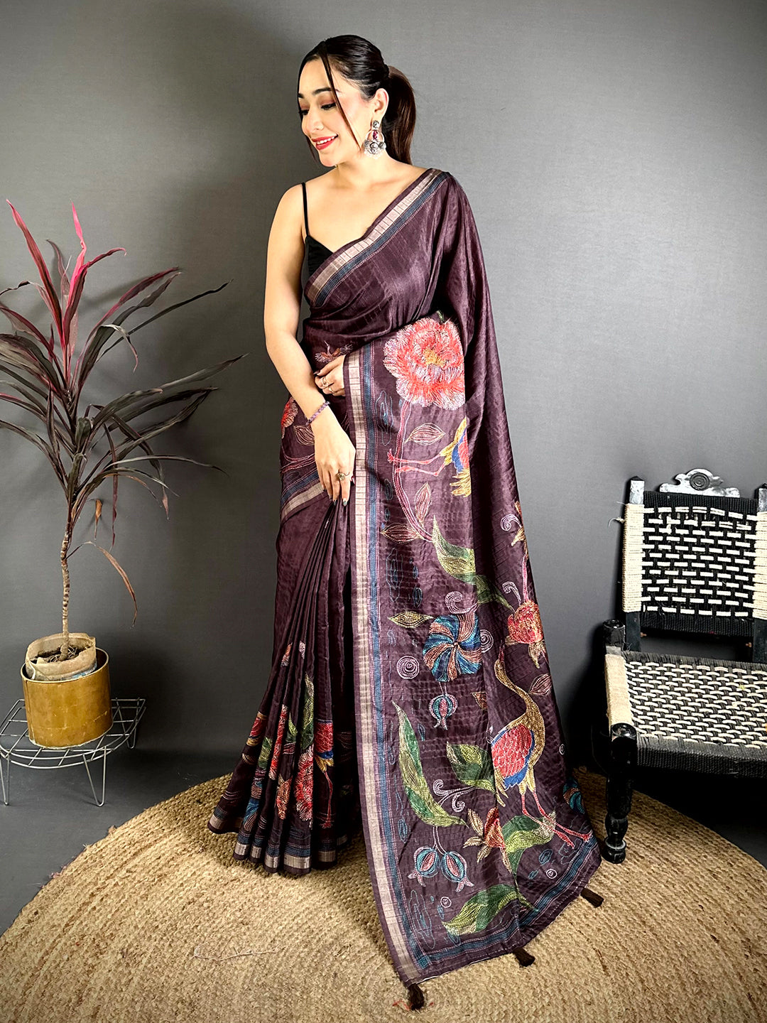 Vibrant Soft Tussar Ghicha Katha Saree