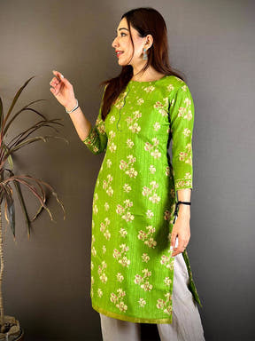 Green Crew Neck Tussar Ghicha Ethnic Kurti