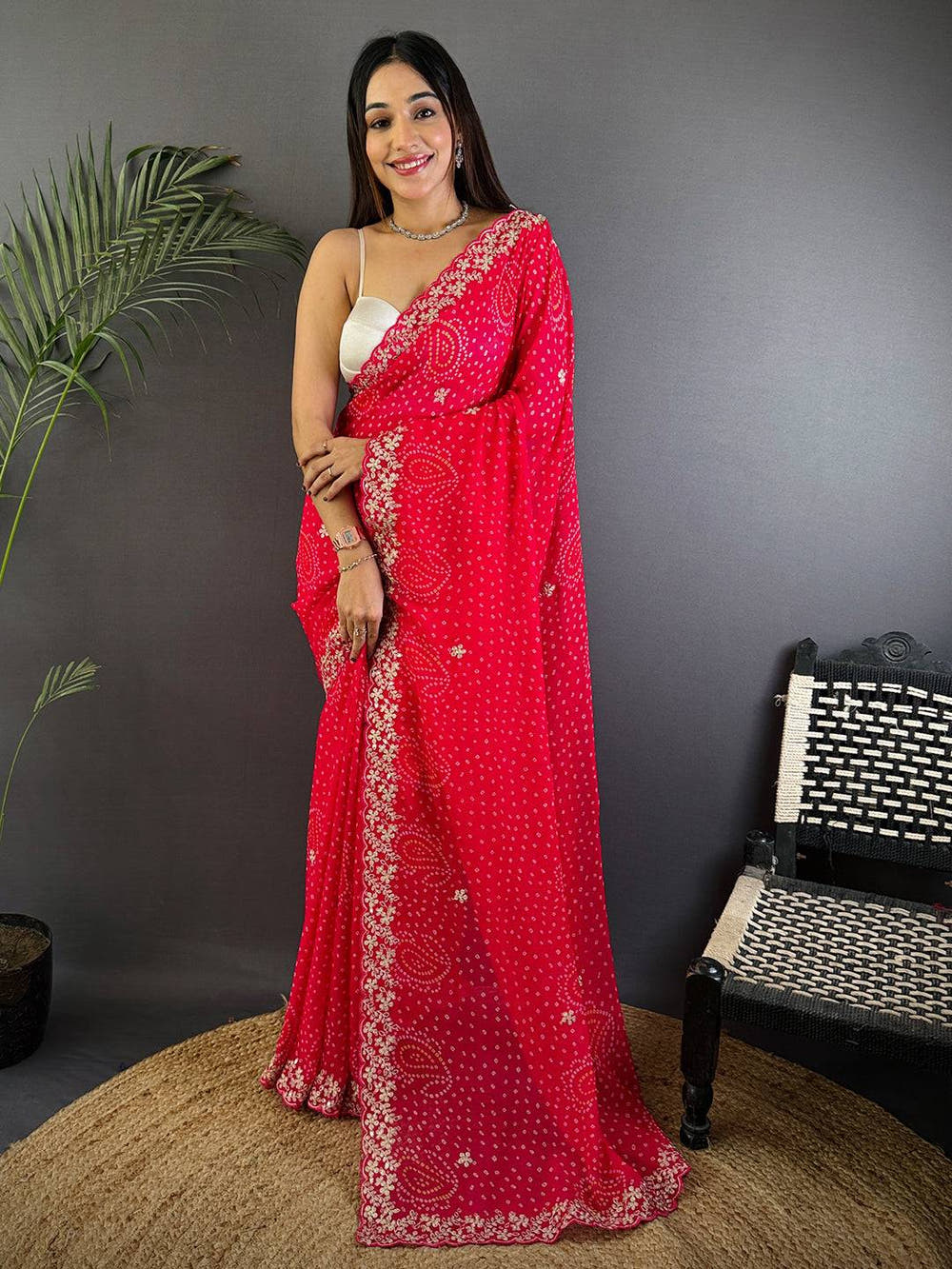 Radiant Pink Soft Georgette Bandhej Print Saree