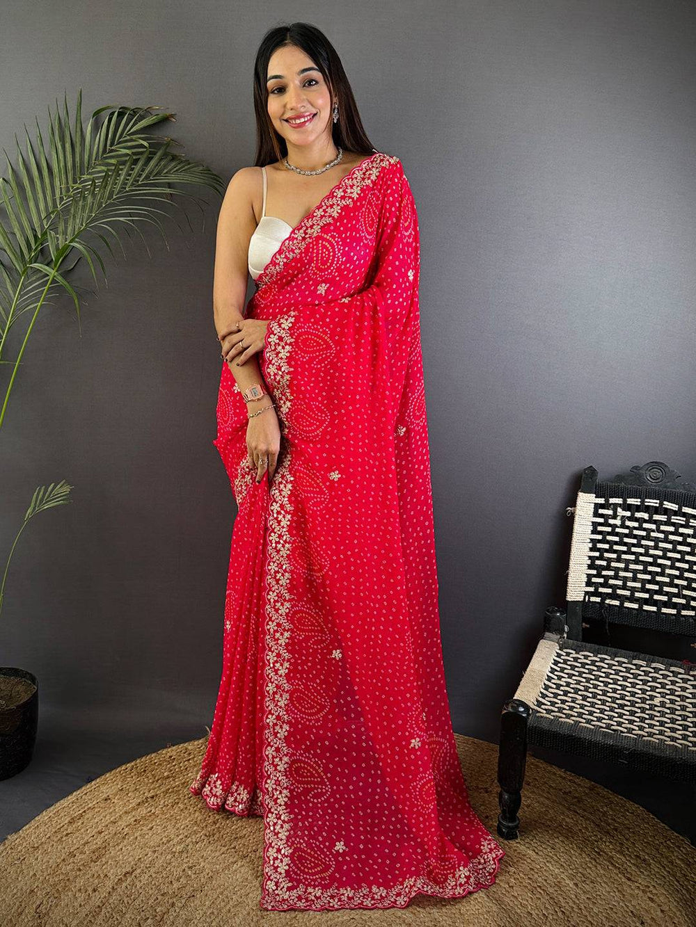 Radiant Pink Soft Georgette Bandhej Print Saree