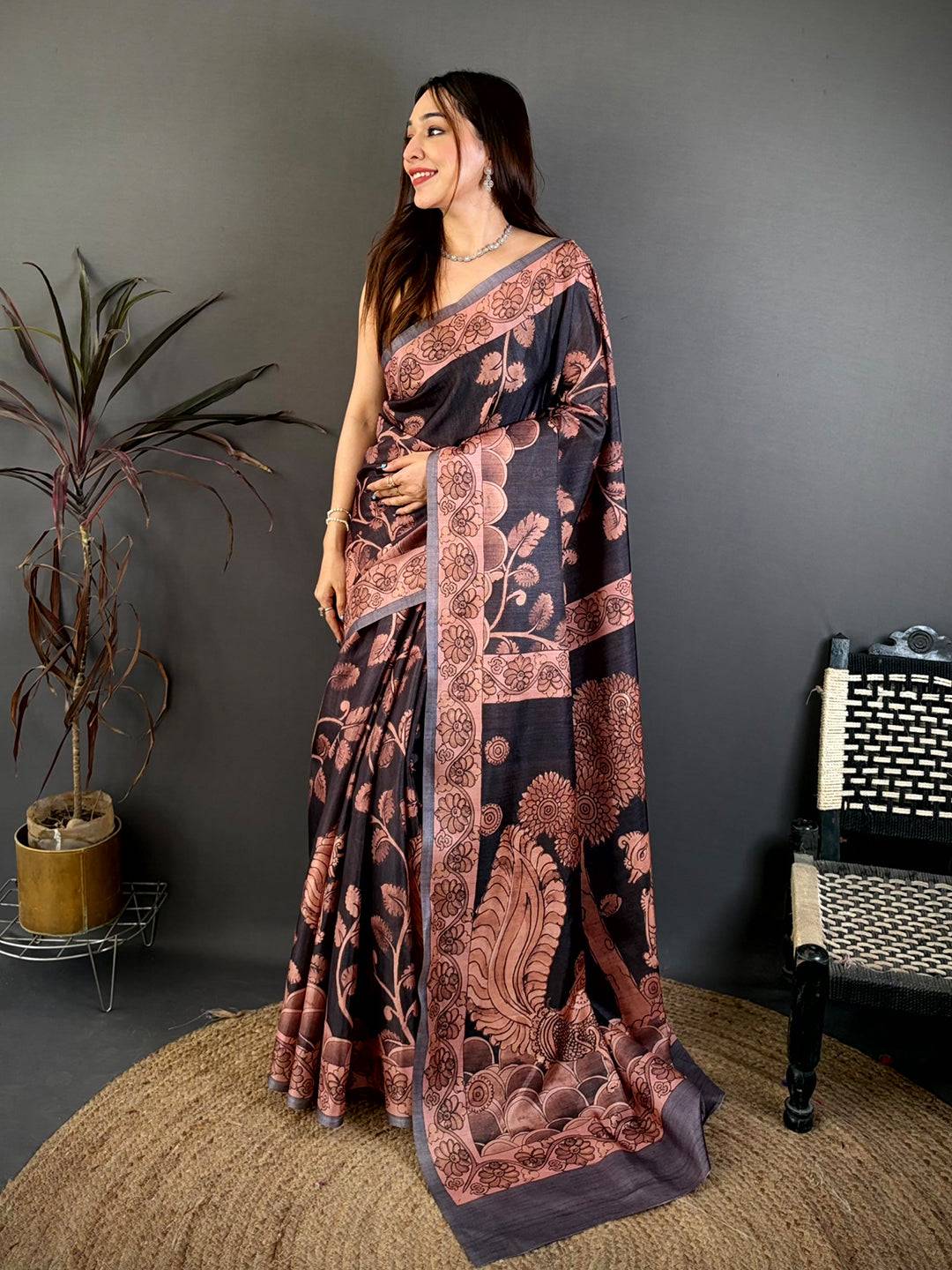 Black Soft Tussar Kalamkari Print Saree