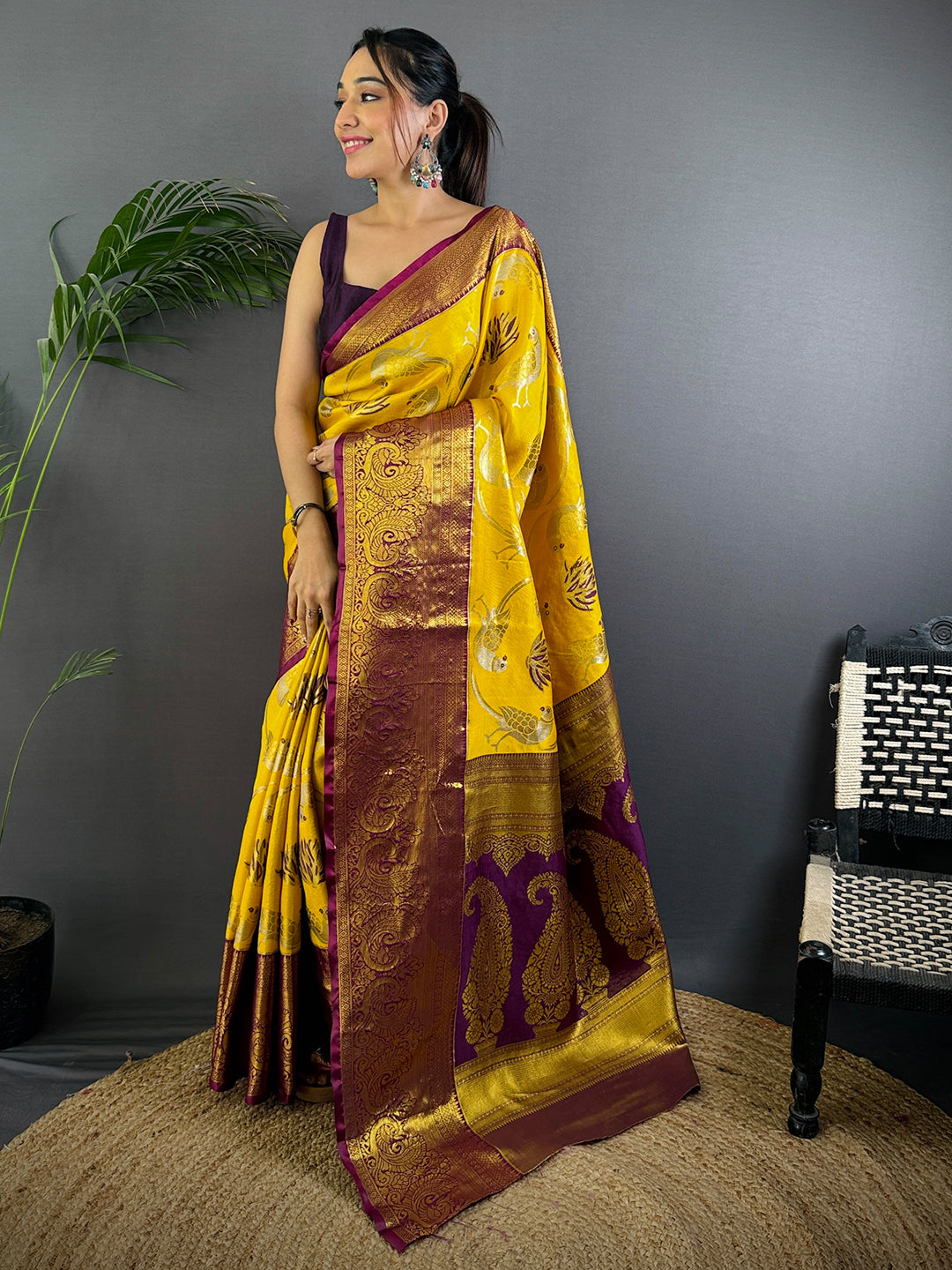 Yellow Dharmavaram Gold Birds Print Saree


