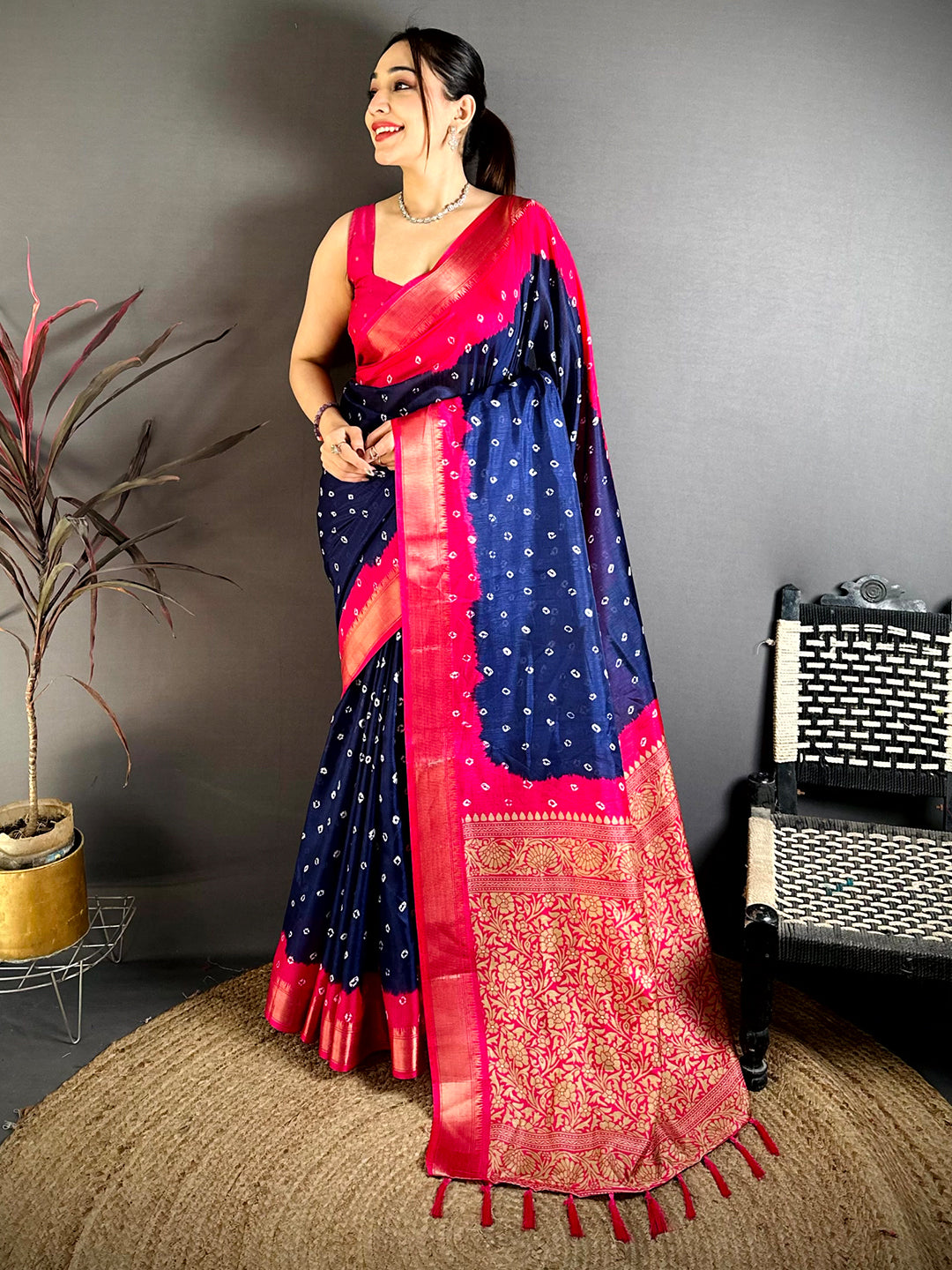 Navy Bandhej Printed Dola Silk Saree