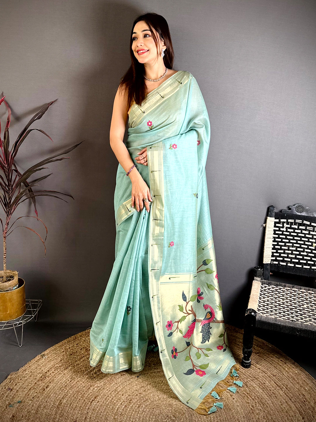 Sky Blue Sunflower Minakari Khadi Saree
