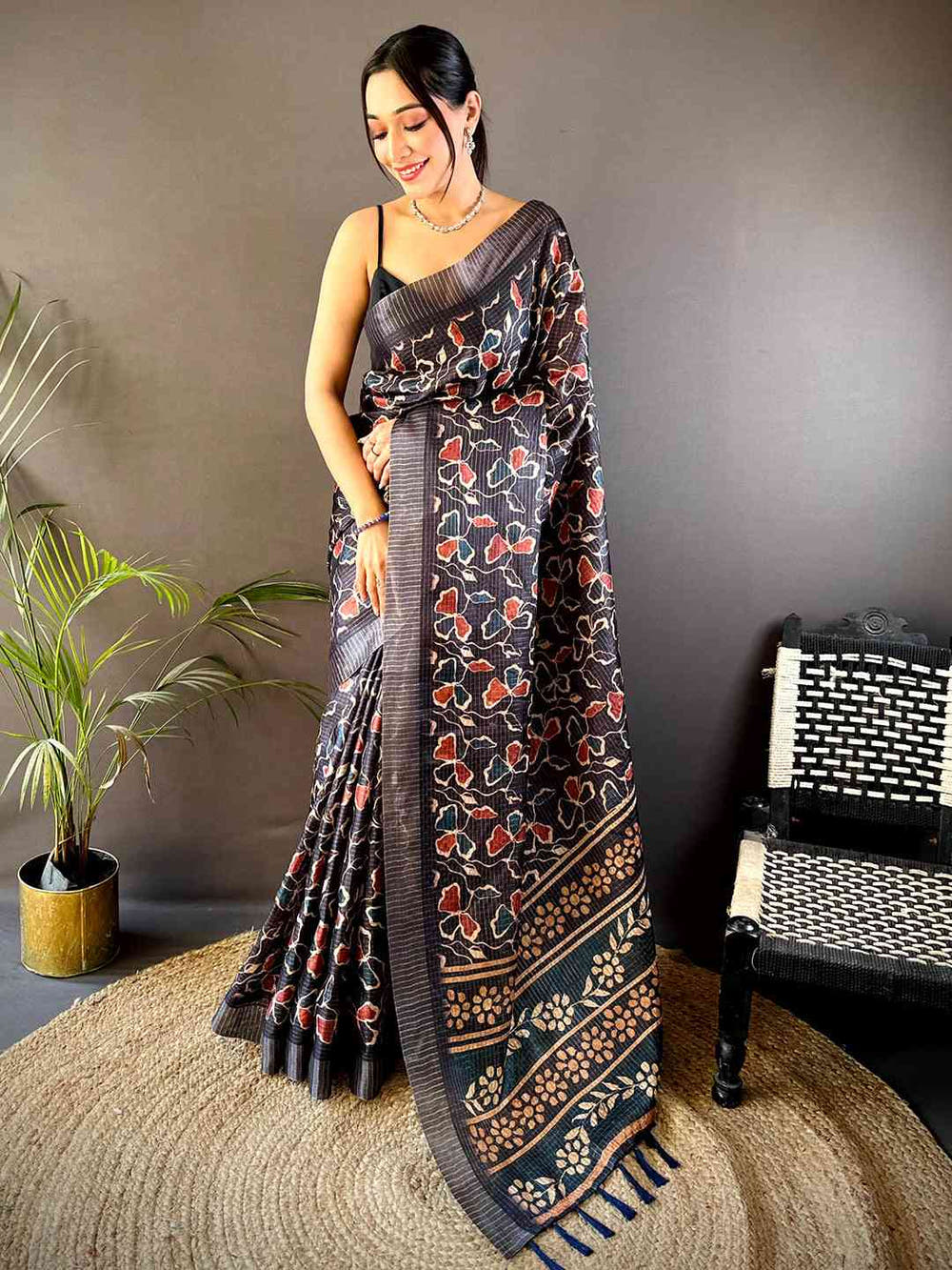 Black Chex Kalamkari Print Saree