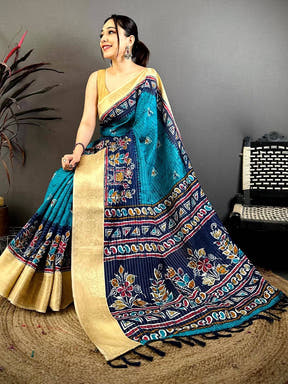Teal Dola Kalamkari Zari Stripe Saree