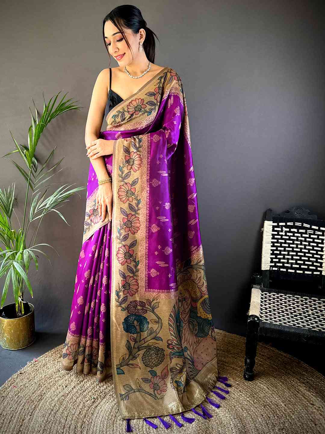 Purple Soft Silk Kalamkari Printed Pallu Saree