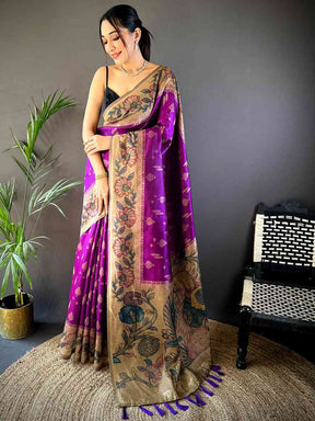 Purple Soft Silk Kalamkari Printed Pallu Saree