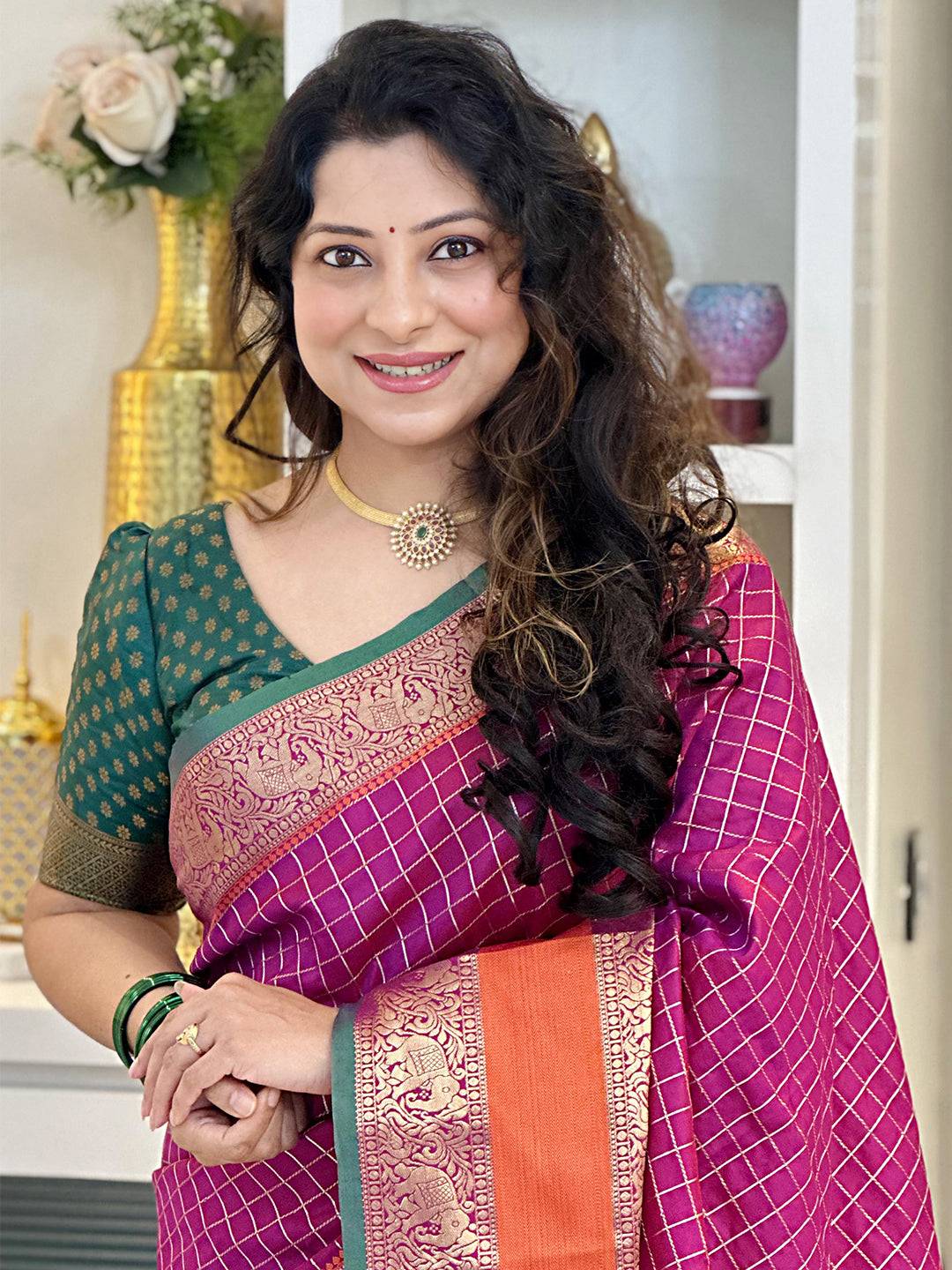 Wine Banarasi silk saree with zari work and green blouse Vastranand 