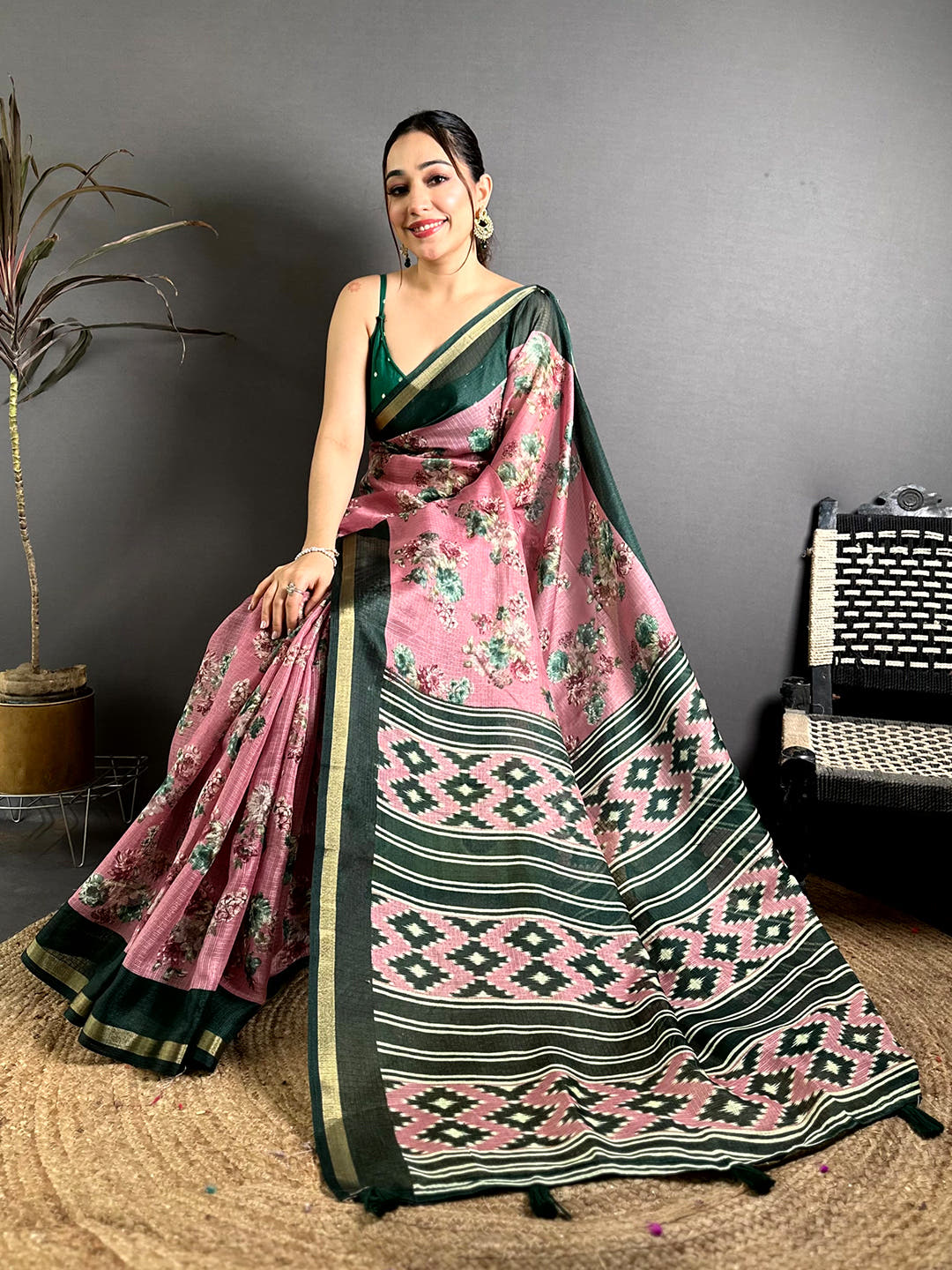 Elegant Kota Doriya Printed Floral Saree