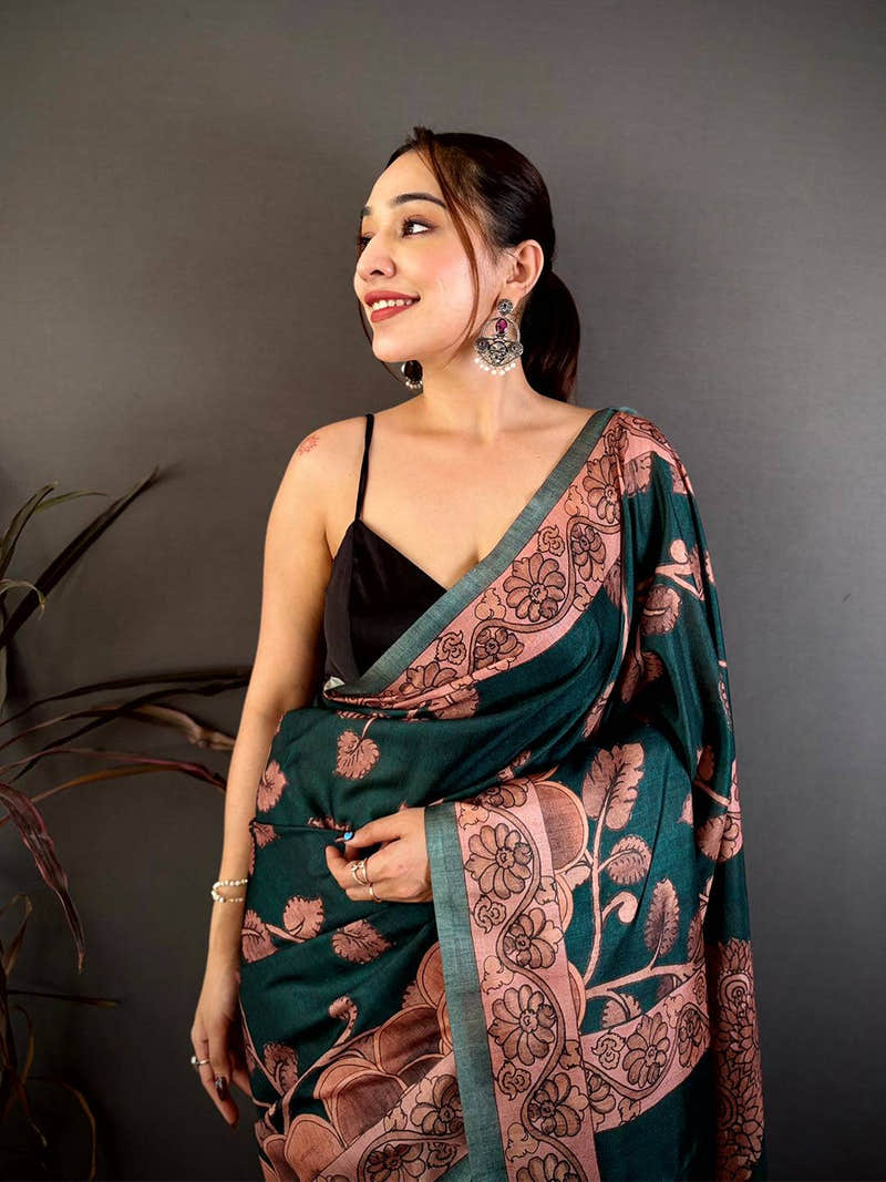 Teal Soft Tussar Kalamkari Print Saree