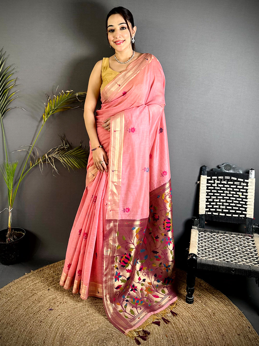 Royal Minakari Butti Khadi Linen Saree
