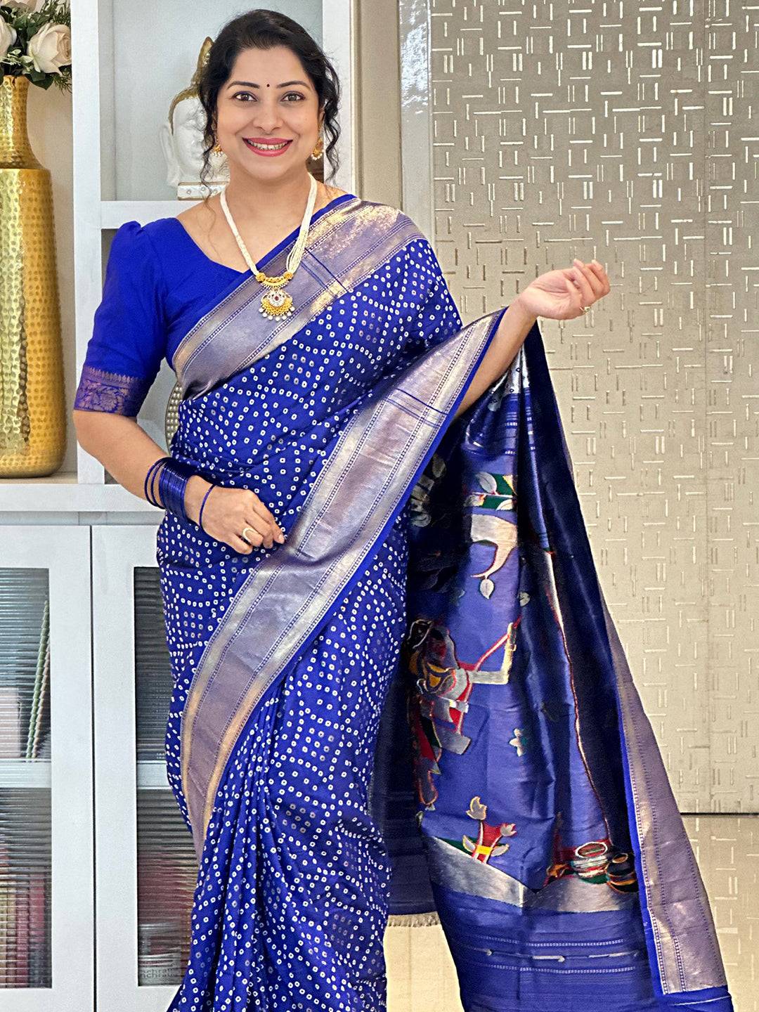 Blue Soft Silk Bandhej Weaving Saree with intricate design