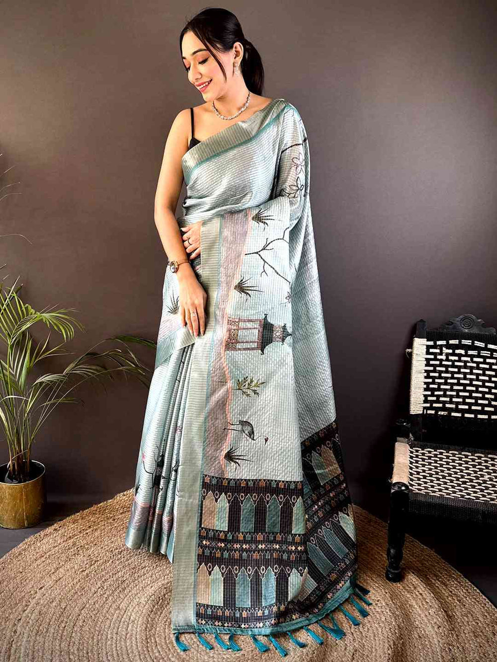 Powder Blue Tissue Chanderi Japanese Print Saree