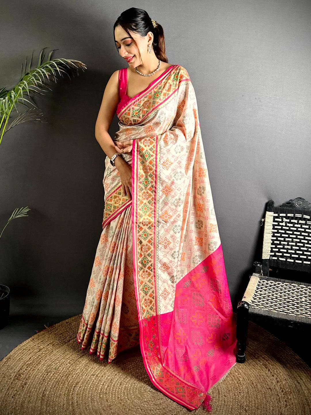 White Pochampally Patola Soft Silk Saree

